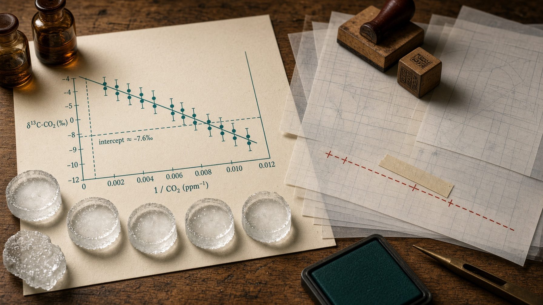 Split forensic still: glass flasks and ice-core wafers of measured air on the left; rubber stamps for gravity, firn diffusion, blanks and isoflux assembling a rust-red −28‰ line on the right.